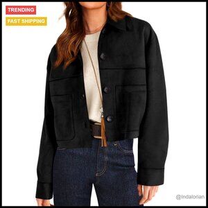 Faux Suede Cropped Jacket Long Sleeve Button Front Casual Lightweight Outerwear